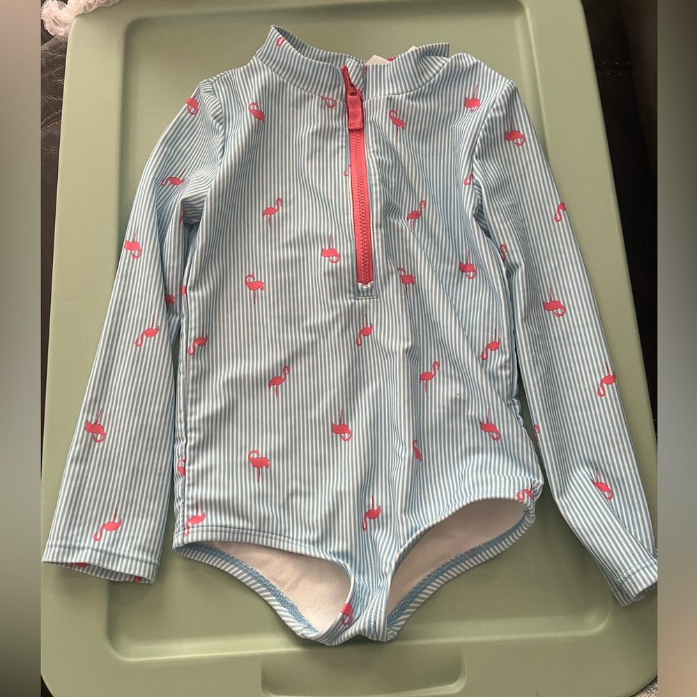 Carter's Blue and Pink Striped Kids Swim Rashguard with flamingo print
